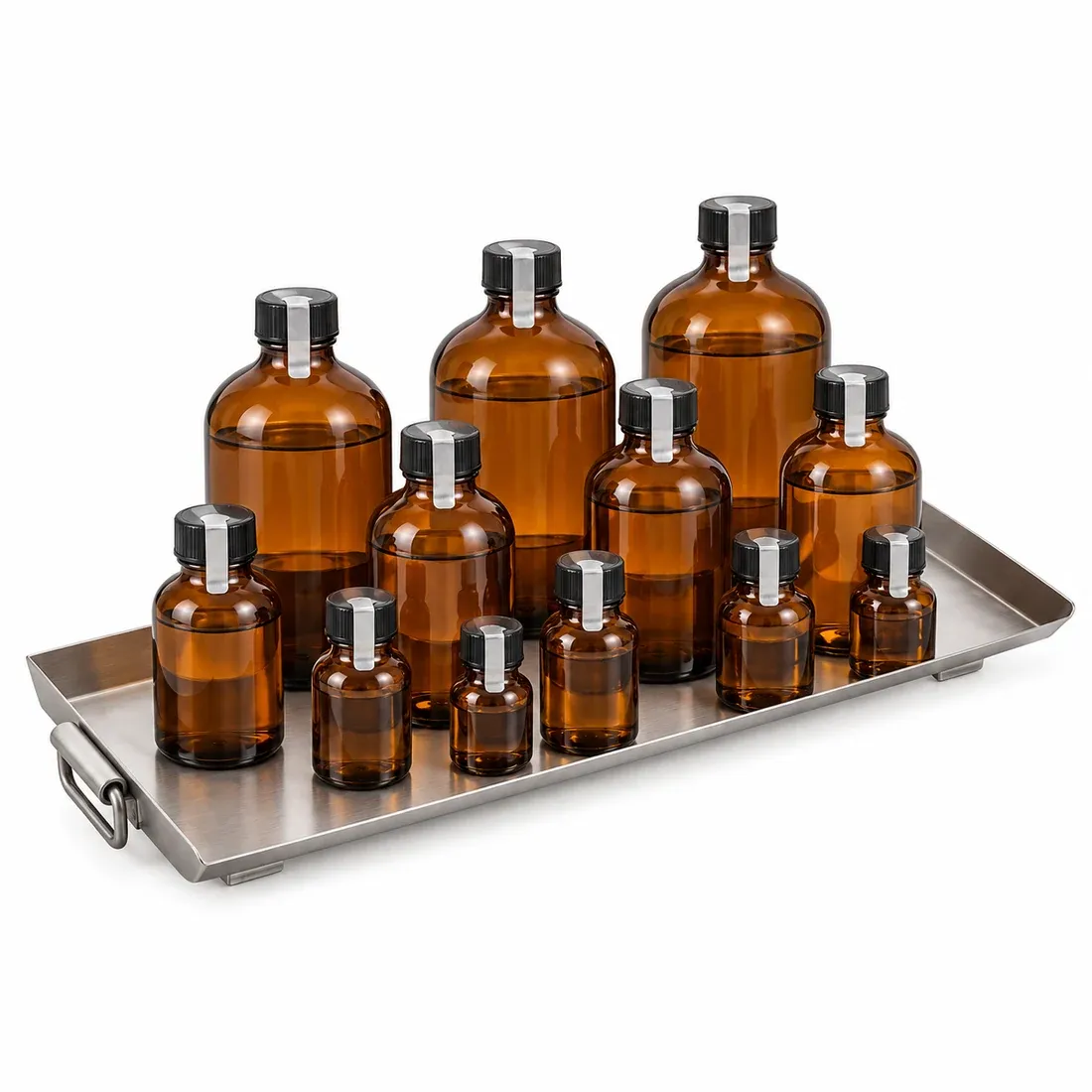Solutions in sealed amber glass bottles