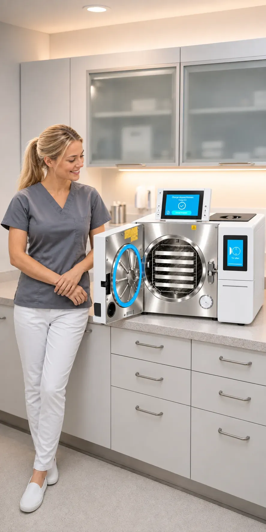 A practice assistant beside the open chamber of a class B autoclave; the terminal above reports the finished batch
